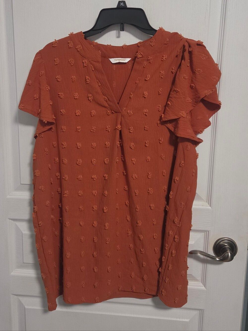 Swiss Dot Top Pompom Flutter Sleeve Vneck Shirt Burnt Orange Blouse Womens XL
